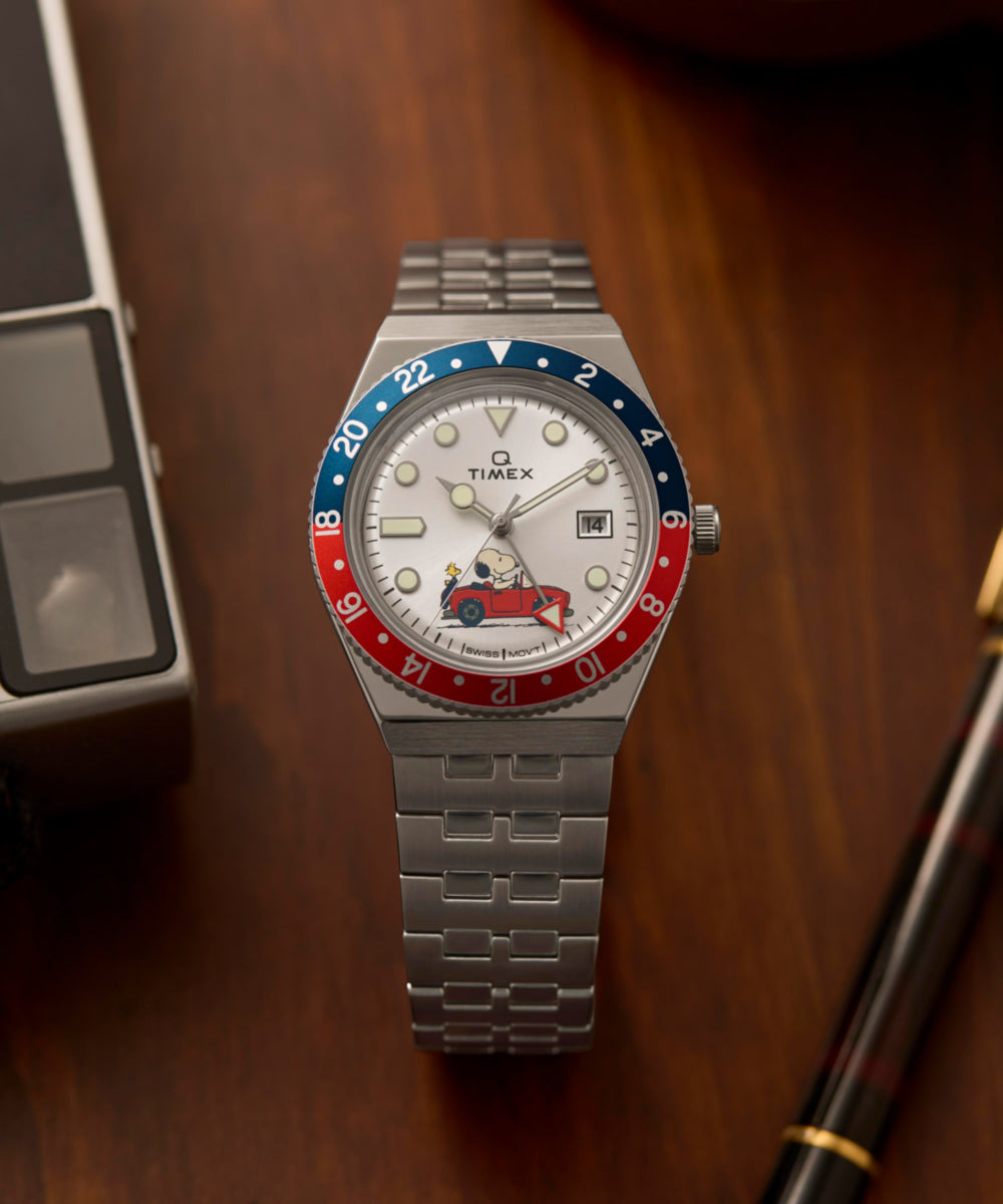 Timex x Peanuts® Q Timex® GMT 38mm Stainless Steel Bracelet Watch